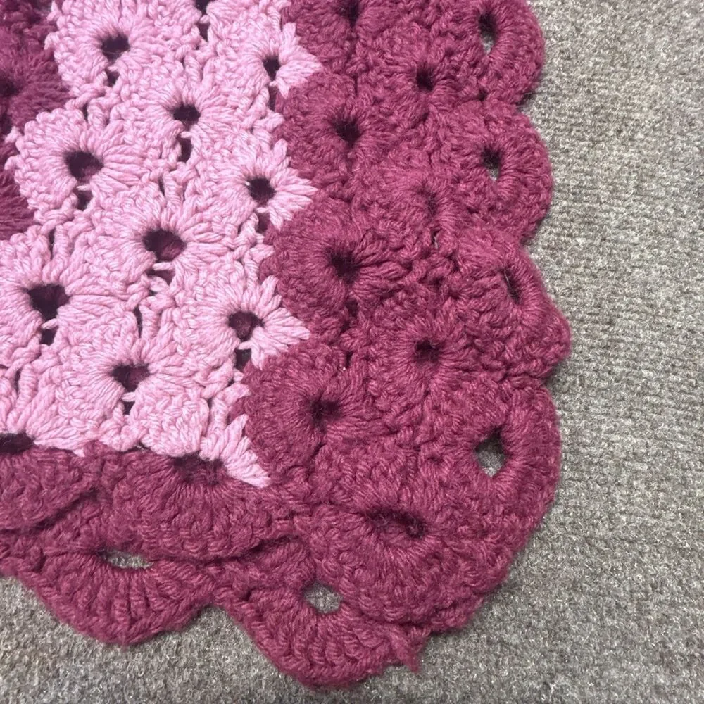Vintage Crochet Afghan Blanket Pink Maroon Striped Shell Stitch Handmade 50x80
